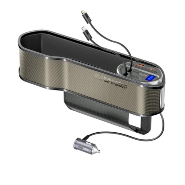 Promate 65W Multi-Functional Car Organizer and Charging Station with USB-C & Lightning Retractable Cables, Brown - CarMate-RPD