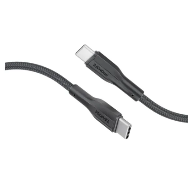 Promate 60W, 2meter High Tensile Strength Data & Charge USB-C Cable, Black - xCord-CC200