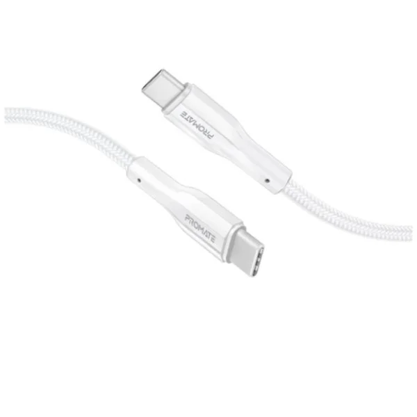Promate 60W, 2meter High Tensile Strength Data & Charge USB-C Cable, White - xCord-CC200