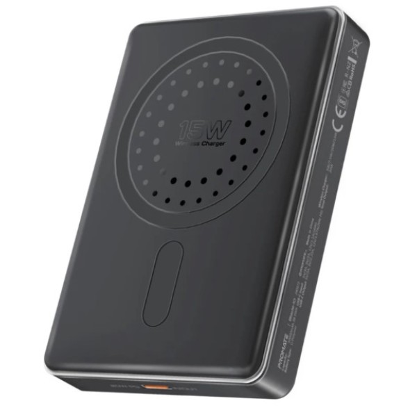 Promate 10,000mAh, Ultra-Slim Aluminum Crafted MagSafe Compatible Wireless Charging PowerBank, BLADE-10 - Black