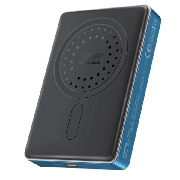 Promate 10,000mAh, Ultra-Slim Aluminum Crafted MagSafe Compatible Wireless Charging PowerBank, BLADE-10 - Blue