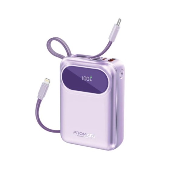 Promate 20,000mAh Ultra Compact 35W SuperSpeed&trade; Power Bank with Built-In USB-C & Lightning Cable, POWERPOD-20 - Purple