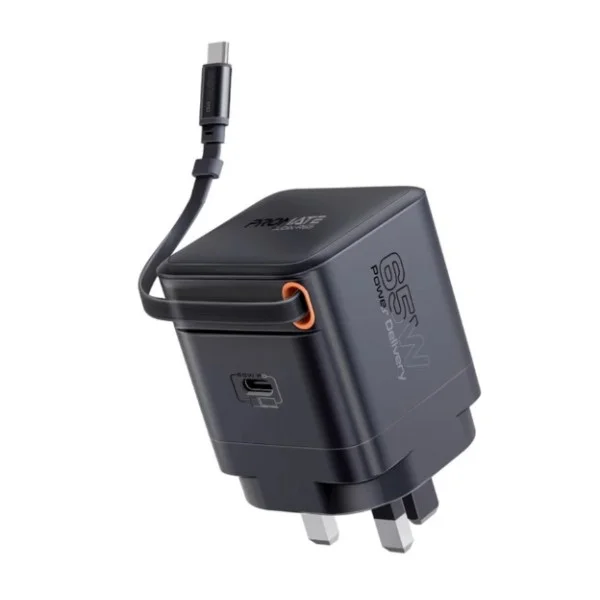 Promate 65W PD GanFast&trade; Charging Adapter with Retractable USB-C Cable - Cubix-R65