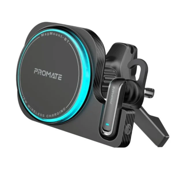 Promate 2-in-1 MagSafe Compatible 15W Wireless Car Charger with Built-in Wireless Mono ENC Earphone - MagMount-BT