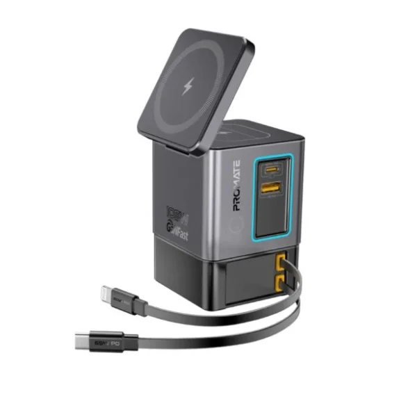 Promate 105W GaNFast&trade; Multi-Port Wireless Charging Station with Dual Retractable Cables - PowerSync-105