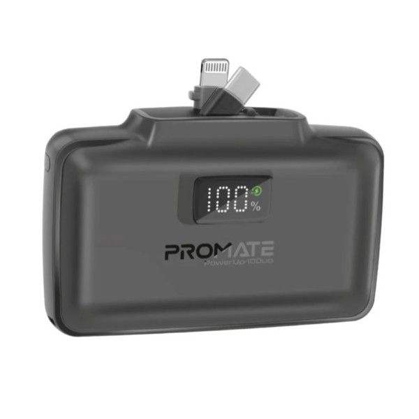 Promate 10,000mAh, Ultra-Compact Fast Charging Power Bank with Dual Folding USB-C & Lightning Connector, POWERUP-10DUO- Black