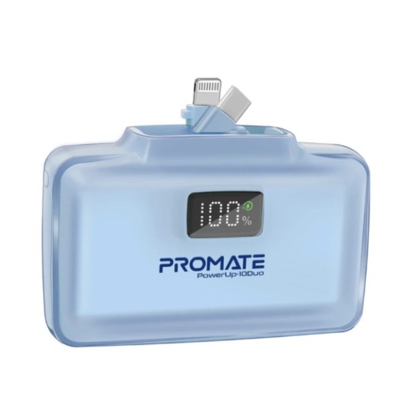 Promate 10,000mAh, Ultra-Compact Fast Charging Power Bank with Dual Folding USB-C & Lightning Connector, POWERUP-10DUO- Blue