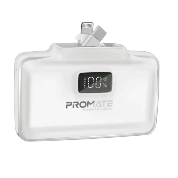 Promate 10,000mAh, Ultra-Compact Fast Charging Power Bank with Dual Folding USB-C & Lightning Connector, POWERUP-10DUO - White