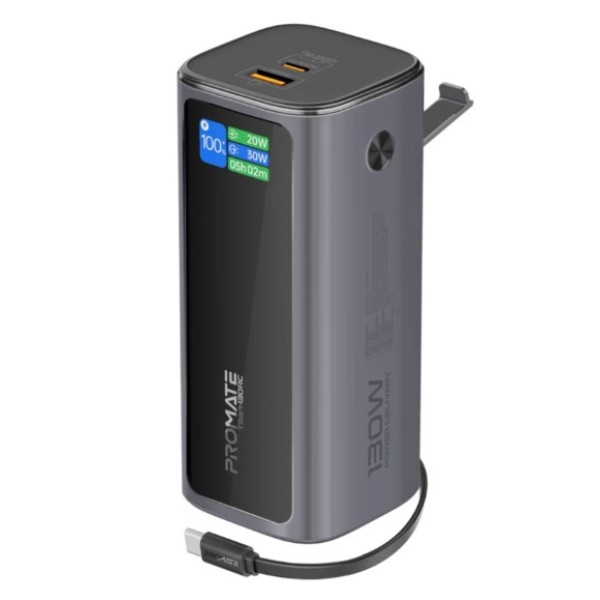 Promate 20,000mAh, Ultra Compact 130W Multi-Port Power Bank with Retractable USB-C Cable & TFT LCD Screen, Titan-130RC
