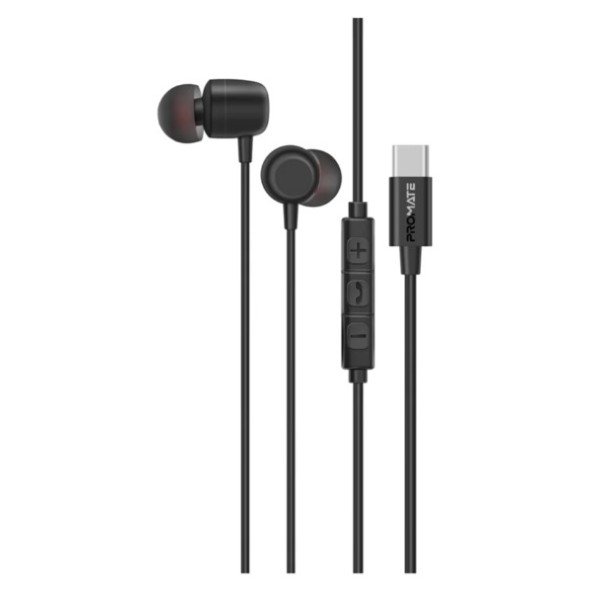Promate Ergonomic In-Ear USB-C Wired ENC Stereo Earphone, Black