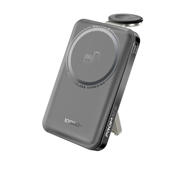 Promate 10,000mAh Ultra-Compact 3 in 1 MagSafe Compatible Wireless Charging Power Bank, Black - Mavrix-3