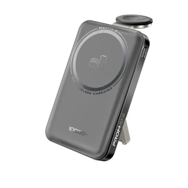 Promate 10,000mAh Ultra-Compact 3 in 1 MagSafe Compatible Wireless Charging Power Bank, Black - Mavrix-3