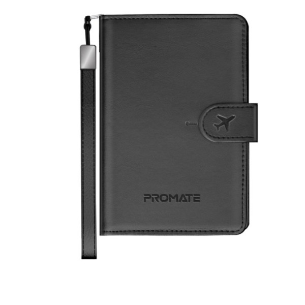 Promate Anti-Loss Slim Leather Passport Holder with RFID Protection & Smart Tracking, Black - PassMate