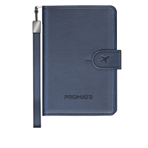 Promate Anti-Loss Slim Leather Passport Holder with RFID Protection & Smart Tracking, Blue - PassMate