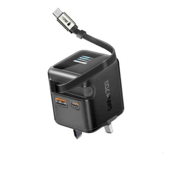 Promate 70W GaNFast&trade; Wall Charger w/ Retractable USB-C Cable, Black - Cubix-R70.UK