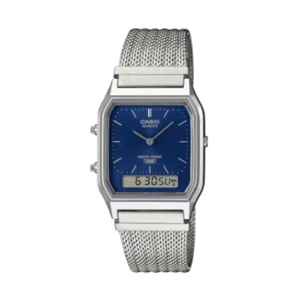 Casio Stainless Steel Mesh Band, Blue Dial Watch for Unisex - AQ-230EM-2ADF