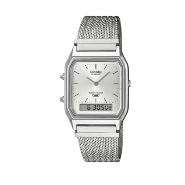 Casio Stainless Steel Mesh Band, Silver Dial Watch for Unisex - AQ-230EM-7ADF