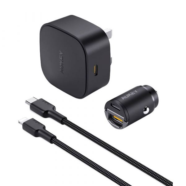 Aukey 20W Compact PD Charger with USB C Lightning Cable and 30W Car Charger - 608119200467