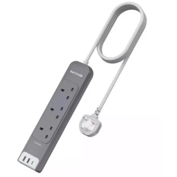 RAVPower  3 Outlets Power Strip Gray UK Version 3m with USB Port - RP-PC1038