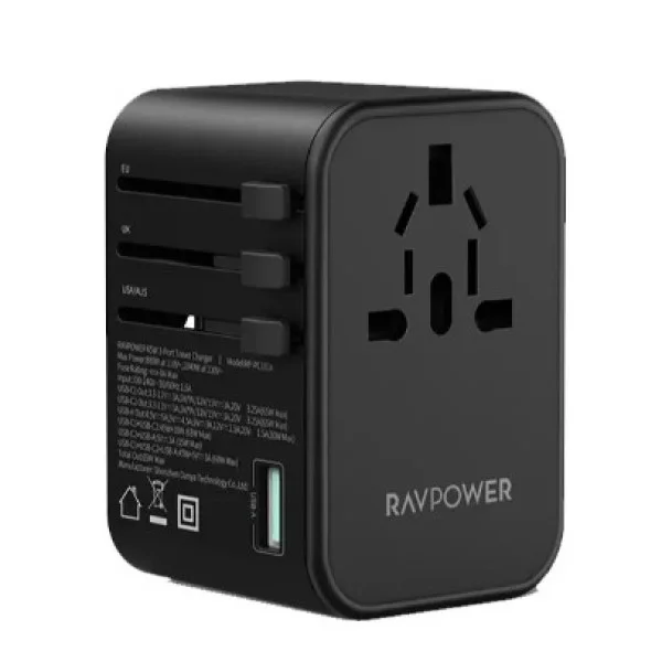 RAVPower 65W 3-Port Travel Universal Power Adapter, Black - RP-PC1034