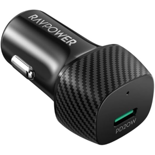RAVPower PD 20W USB-C Fast Car Charger, Black - RP-VC1017