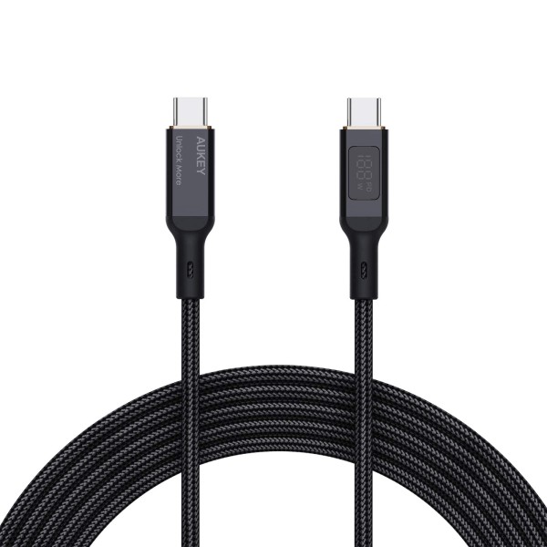 Aukey 100W Nylon Braided USB C to USB C 1.8m Cable with LCD Display, Black - CB-MCC102-BK