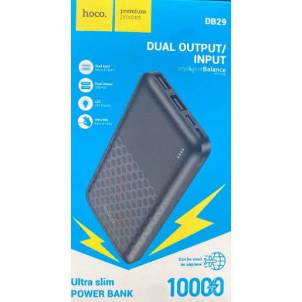 Hoco Ultra Slim 10,000mAh Power Bank, Black - DB29