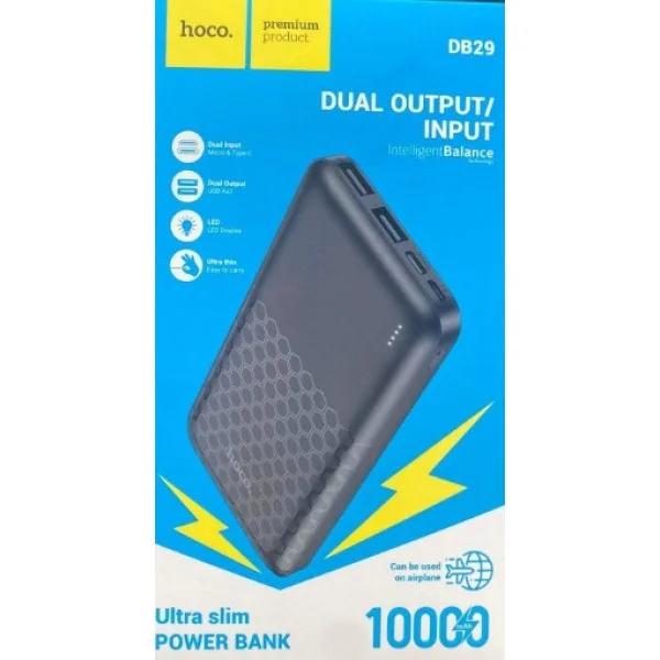 Hoco Ultra Slim 10,000mAh Power Bank, Black - DB29