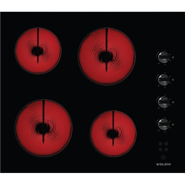 Glemgas Stainless Steel, 60cm 4 Electric Plates-Side Control Ceramic Hob - GLGTH64K