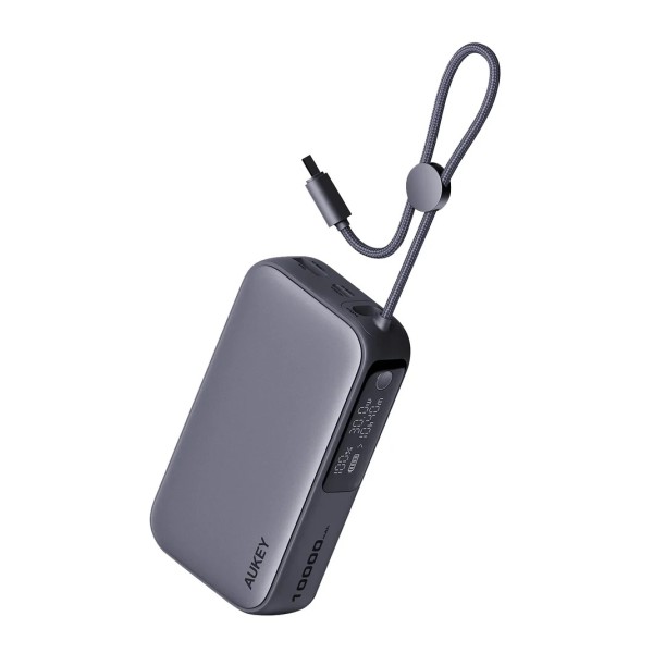 Aukey Spark Sling 10,000mAh Compact Fast Charging Power Bank with Built-in USB-C Cable - PB-Y47-GY