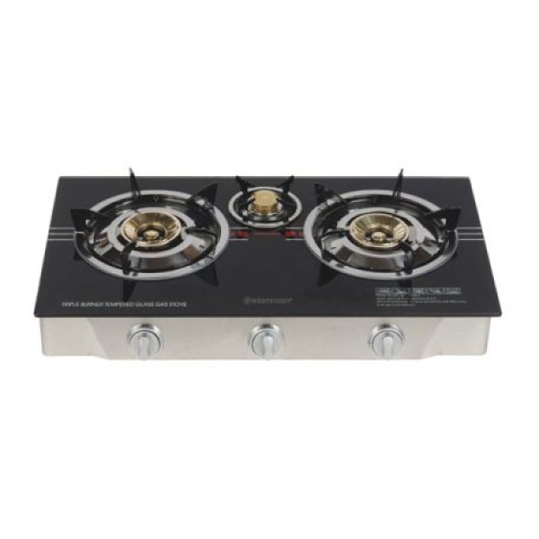 Westpoint Tabletop Stainless Steel, 3 Gas Burner Auto Ignition 8mm Glass Panel - WPWTJ-3820-GIG