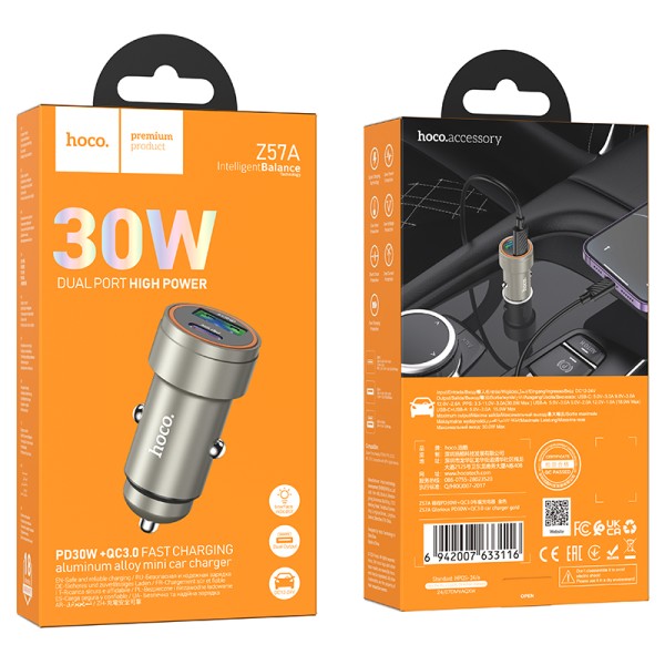 Hoco Car Charger USB-C PD 30W + USB QC3.0 - Z57A