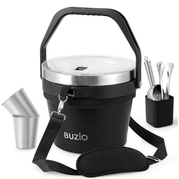 Buzio 7L Insulated Stainless Steel Ice Bucket with Lid Ice Tongs Scoop And 2 Cups - Black