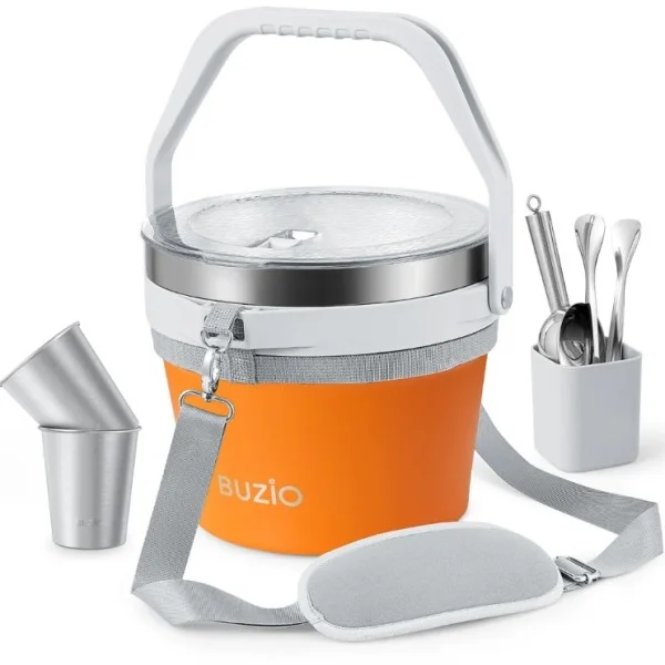 Buzio 7L Insulated Stainless Steel Ice Bucket with Lid Ice Tongs Scoop And 2 Cups - Orange