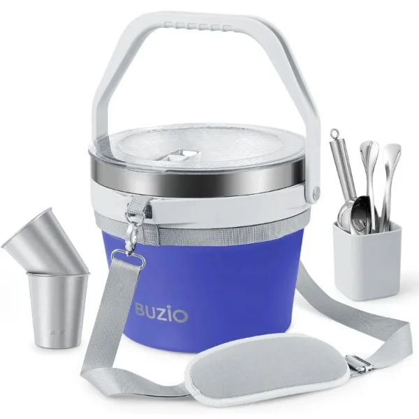 Buzio 7L Insulated Stainless Steel Ice Bucket with Lid Ice Tongs Scoop And 2 Cups - Purple