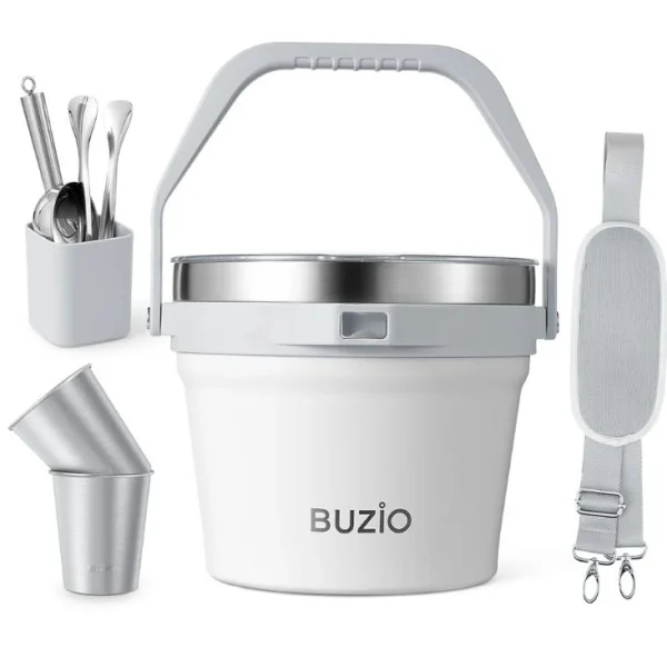 Buzio 7L Insulated Stainless Steel Ice Bucket with Lid Ice Tongs Scoop And 2 Cups - White
