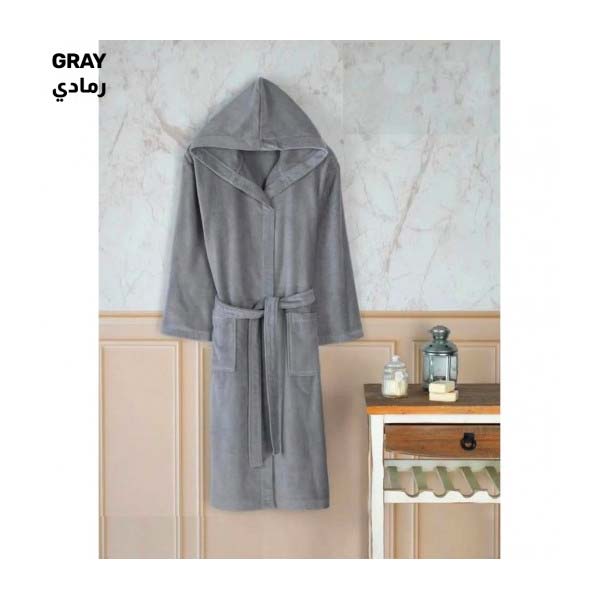 VALENTINI Japanese Kimono Style Cotton Bathrobe, Large Size, Gray - PA05029-GRY-L