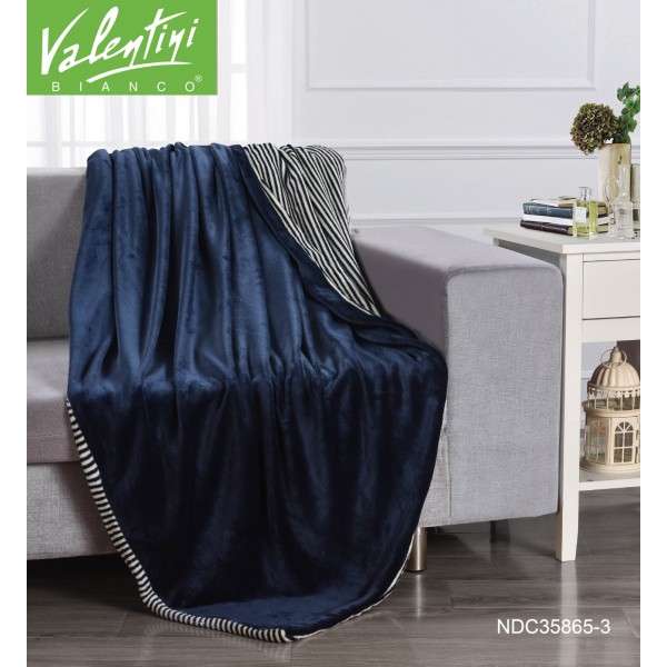 VALENTINI Flannel Checks Quilting W/Strap Rev. Blanket, 240x220cm - CH04312-BLU