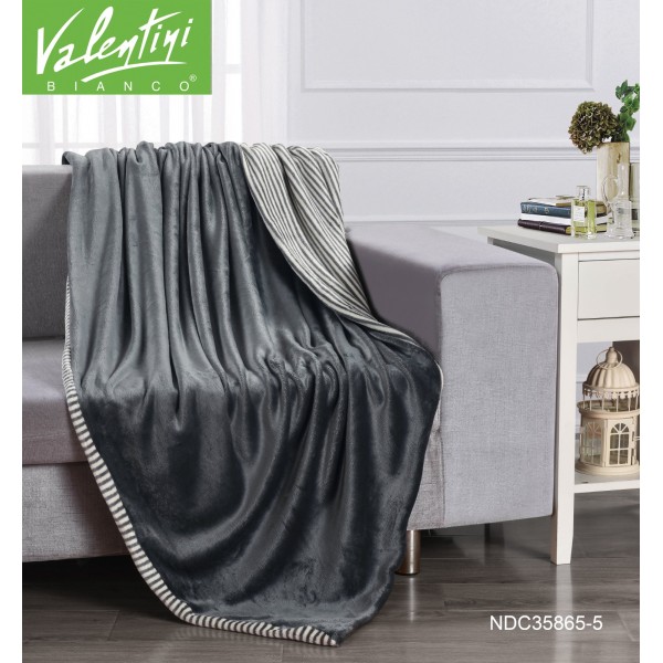 VALENTINI Flannel Checks Quilting W/Strap Rev. Blanket, 240x220cm - CH04312-GRY