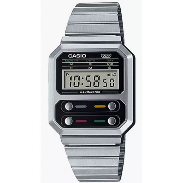 Casio Unisex Stainless Steel Silver Strap Digital Watch - A100WE-7BDF