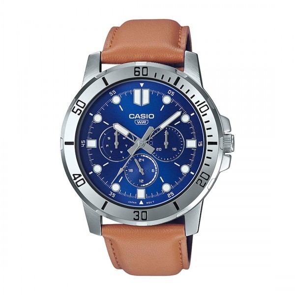 Casio Analog Blue Dial Brown Leather Band Watch for Men - MTP-VD300L-2EUDF