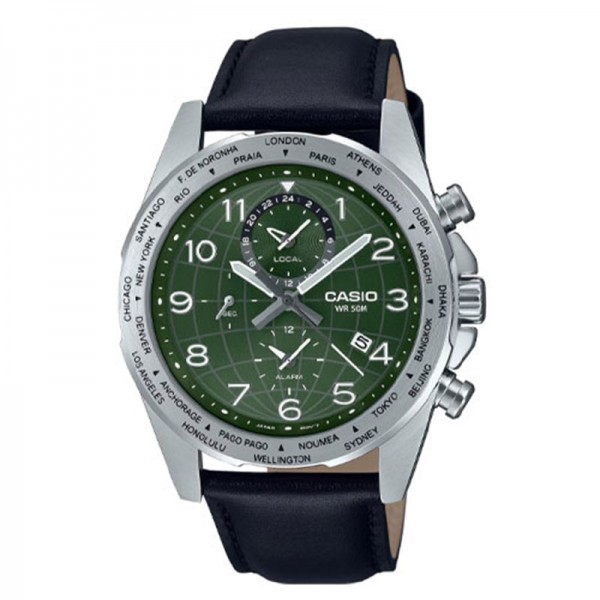 Casio Analog Green Dial Leather Band Watch for Men - MTP-W500L-3AVDF