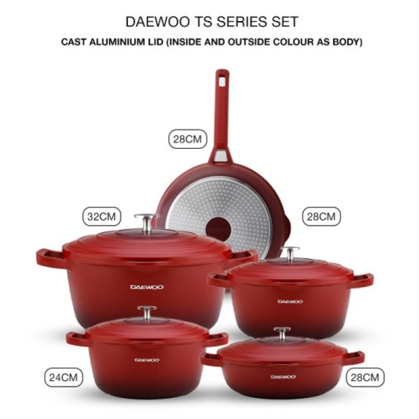 Daewoo TS Series Granite Cooking Set of 9 Pcs with 4 Pcs Silicone Pot Handle, Red - DCS5T