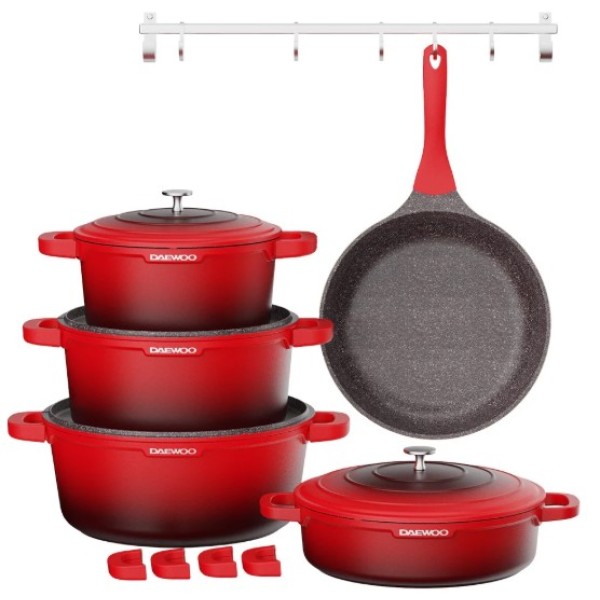 Daewoo TS Series Granite Cooking Set of 9 Pcs with 4 Pcs Silicone Pot Handle, Red - DCS5T