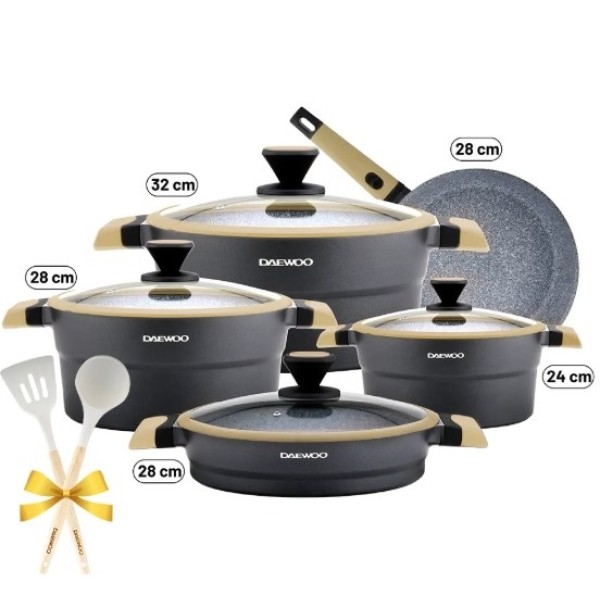 Daewoo X Series Non-Stick Granite Coating Cookware Set Of 9 with Free 2 Pcs of Utensil Tools, Black & Brown - DCS5X-BR