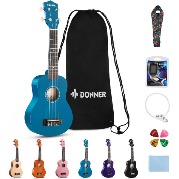 Donner DUS-10B Rainbow Series Soprano Ukulele Bundle, Blue - EC1252