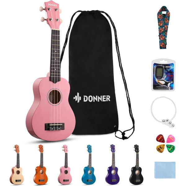 Donner DUS-10K Rainbow Series Soprano Ukulele Bundle, Pink - EC1254