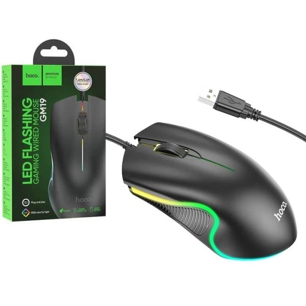 Hoco LED Luminous Gaming Wired Mouse, Black - GM19