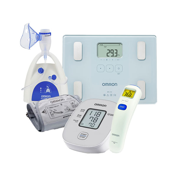 OMRON A3 Complete Nebulizer, M2 Basic Blood Pressure Monitor, Body Composition Monitor & GentleTemp Digital Forehead Thermometer Bundle  - OMRON-B2
