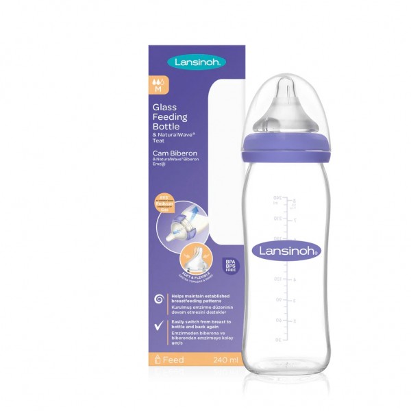 LANSINOH Glass Baby Bottle with NaturalWave Medium Flow Teat - 240 ml